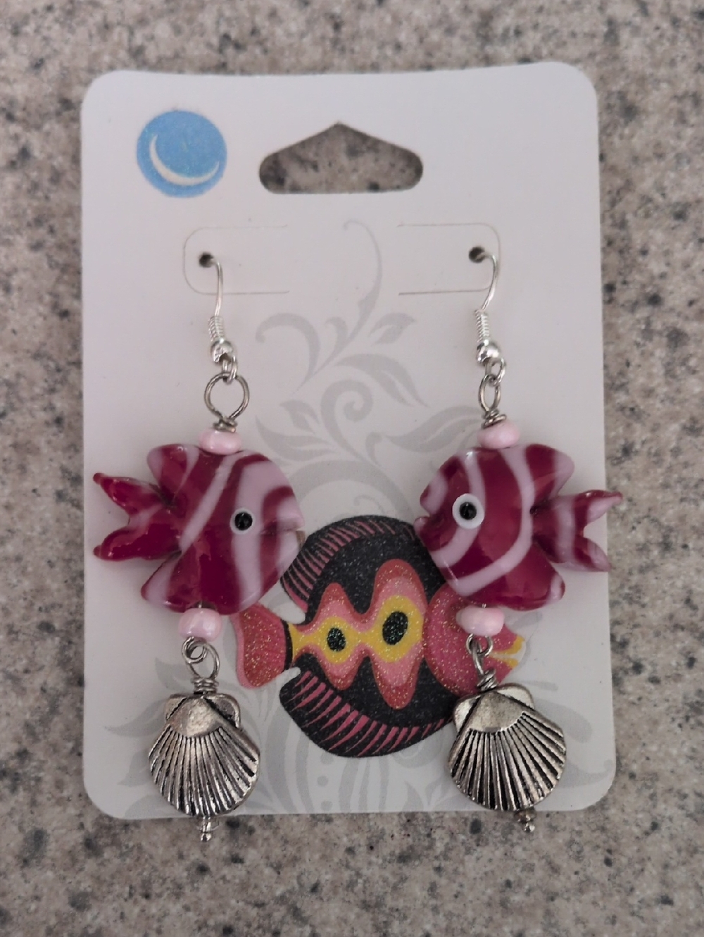 Pink Striped Fish Dangle Earrings with Silver Shell Charms